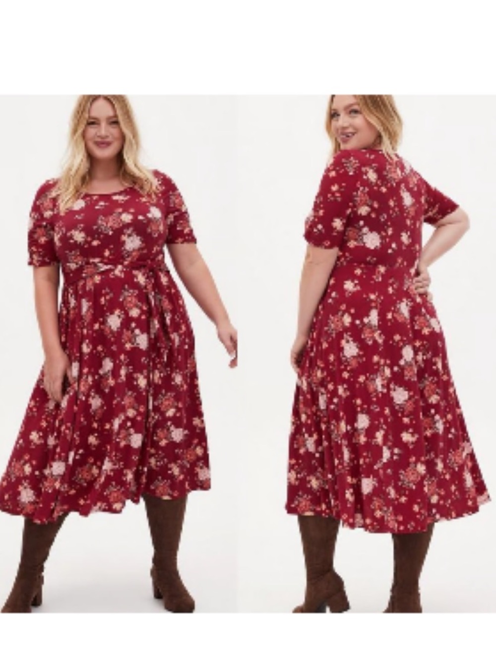 Torrid Burgundy Red Floral Knit Self Tie Midi Pockets Short Sleeve Dress Size 1